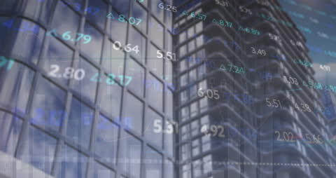 Modern Office Building with Digital Stock Data Overlay