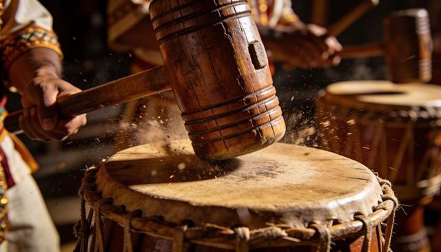 Closeup wooden mallet hitting rope-tension drum sending dust sparks percussion rehearsal