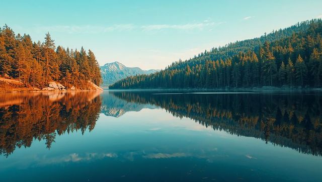 Tranquil wilderness lake mirror under expansive blue sky