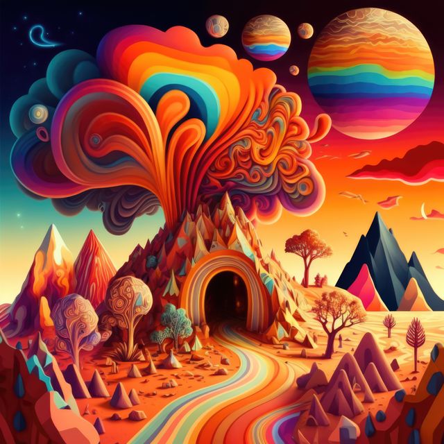 Vibrant surreal landscape featuring colorful rainbow roads, mountains, and planets in the sky. The image is dreamlike and imaginative, perfect for use in fantasy art projects, creative backgrounds, book covers, poster designs, and other artistic works. Ideal for emphasizing creativity and imagination.