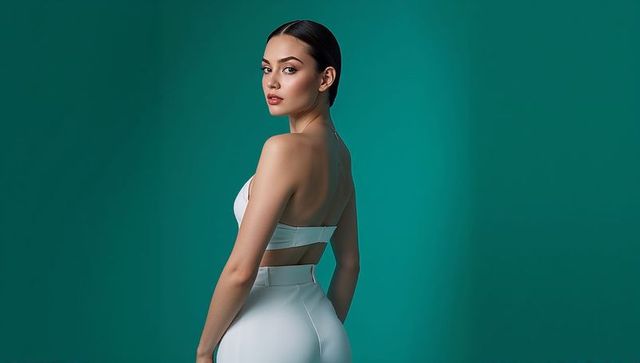 Model in white cutout top and high-waist pants against teal background