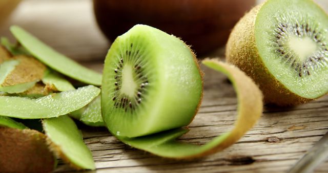 Sliced kiwi fruit is displayed on a wooden surface, showcasing its vibrant green flesh and black seeds, with copy space. Kiwi's fresh appearance and peels suggest a focus on healthy eating or food preparation.