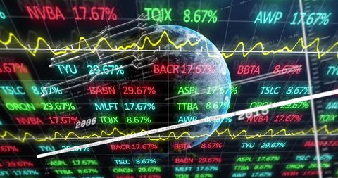 Visual representation of global financial data over an image of Earth symbolizing international markets and economy. This amalgamation of financial statistics and the globe represents interconnectedness of worldwide economic systems, useful for articles, presentations and themes around global finance, stock trading, and international markets. Supports concepts of globalization, technology innovation, and market computation.