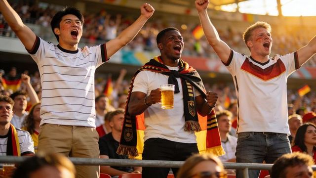 Three fans cheering and celebrating football win with scarves and beer in sunny stadium