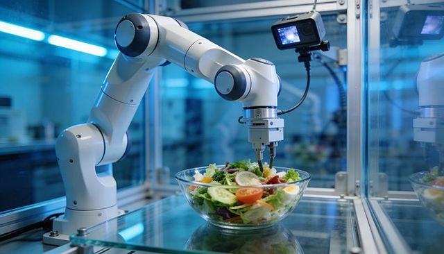 Autonomous Robotic Arm Preparing Salad Bowl in High-Tech Food Lab with Vision Camera