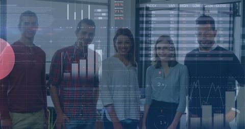 Business Team Analyzing Digital Financial Data Overlay