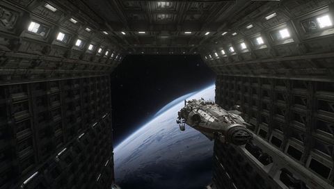 Shuttle Gliding Along Docking Truss Inside Orbital Hangar Over Earth Limb