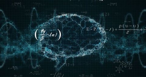 Pulsating Neural Brain Outline Emitting Waveform Traces with Formulas and Molecule Network
