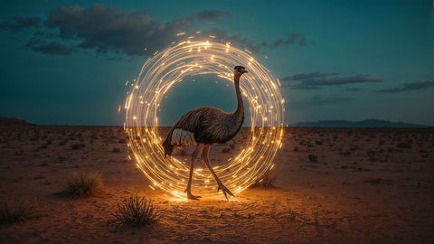 Emu moving through dazzling circle in desert sunset