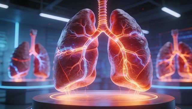Hovering glowing lungs hologram highlighting vascular network in futuristic medical lab