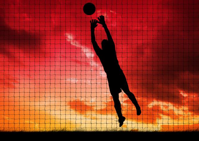 Digitally generated image of player silhouette catching a ball against net and sky in background