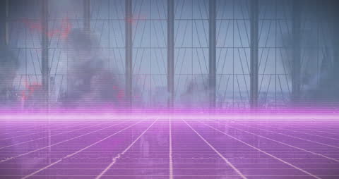 Futuristic Neon Grid with Business People Silhouettes