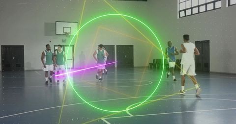 Futuristic basketball practice with neon hologram circle, players running and passing
