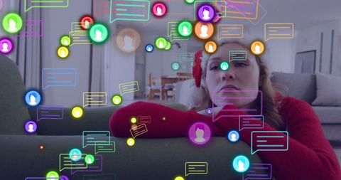 Woman Relaxing at Home Surrounded by Social Media Chats