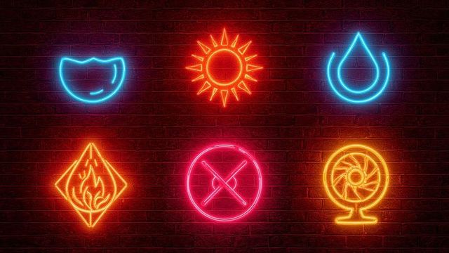 Colorful neon elemental icons glowing on brick wall