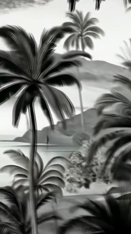 Vertical panning coastal video revealing tranquil tropical coastline with swaying palms