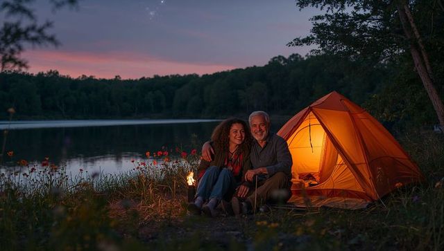 Couple Camping by Lakeshore at Dusk Sharing Warm Sunset Moment beside Lit Tent and Campfire