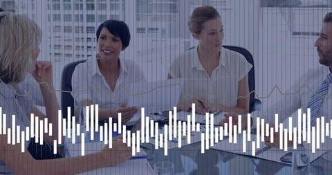 Executive team reviewing financial reports with waveform overlay in glass boardroom
