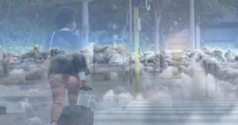 Businesswoman Carrying Suitcase in Urban Misty Environment