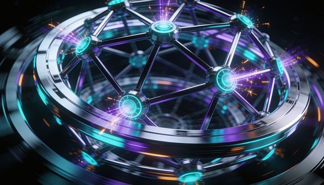 Rotating metallic torus revealing geodesic lattice with glowing node emitters and sparks