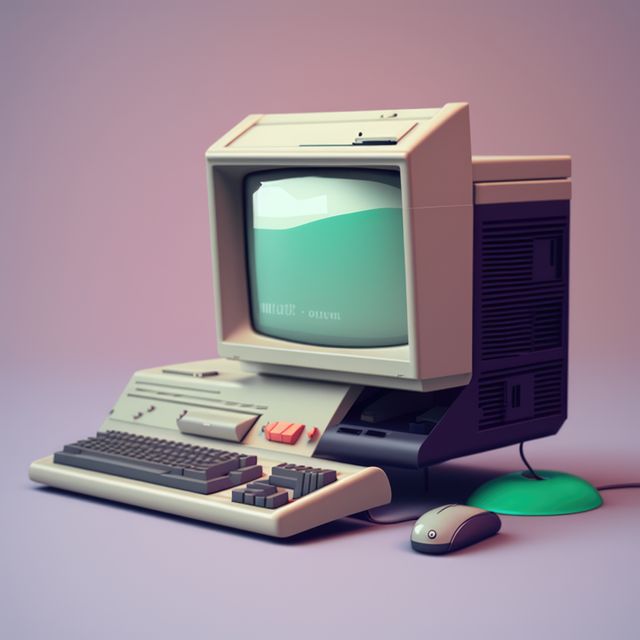 Old computer station with keyboard on purple background, created using generative ai technology. Retro computer and technology concept digitally generated image.