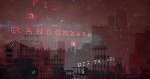 Cyber Crime Digital Warfare Ransomware Over Urban Cityscape