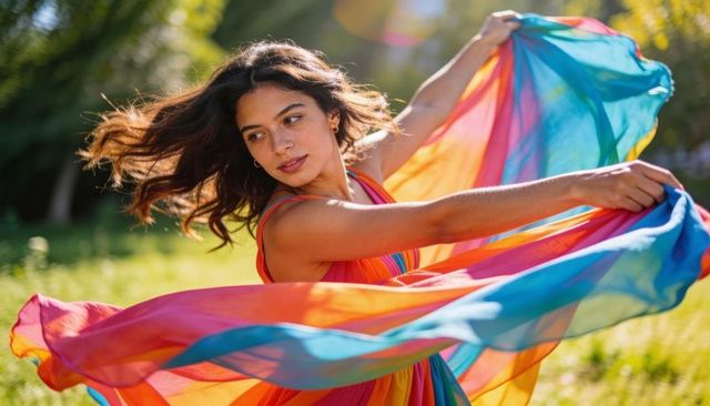 Twirling multicolor scarf woman in golden-hour park, flowing dress capturing joyful movement