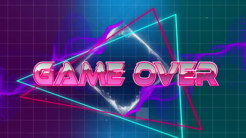Retro Neon Game Over Screen with Colorful Triangles