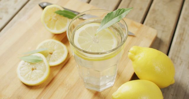 Glass of lemon water featuring fresh lemon wedges and whole lemons on a wooden board. Suitable for promoting healthy lifestyles, hydration, and detoxification. Ideal for use in health and wellness content, blog posts, advertisements, and recipe illustrations.