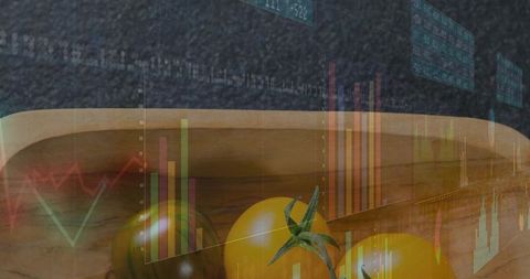 Displaying golden cherry tomatoes in wooden bowl with translucent financial charts overlay