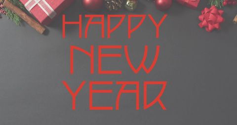 Happy New Year Text with Christmas Decorations