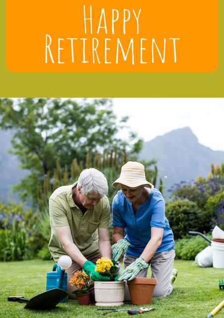 Elderly couple outdoors, sharing joy of gardening together in peaceful retirement. Best use in articles or ads related to retirement, lifestyle, garden products, elderly care, and outdoor leisure activities. Showcasing the positive and joyful moments in retired life.