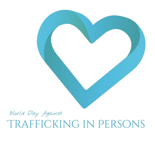 Poster promoting awareness of World Day Against Trafficking in Persons with bold blue heart and call to action text. Perfect for social media campaigns, awareness events, educational materials, and advocacy efforts to combat human trafficking and raise awareness on this important cause.