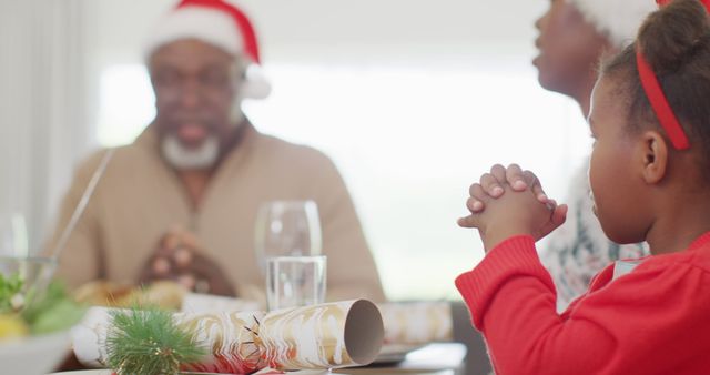 This scene captures a family praying before Christmas dinner, highlighting togetherness and tradition. The festive elements such as the Santa hat and Christmas decorations denote holiday cheer. Perfect for marketing campaigns or articles about family, holiday traditions, and Christmas celebrations.