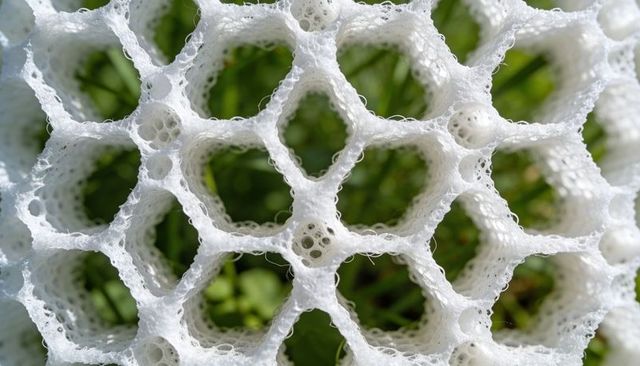 Porous white hexagonal lattice glistening with dew droplets macro texture pattern