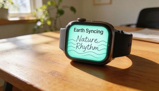Smartwatch displaying 'earth syncing' wellness screen on wooden table in sunlit room