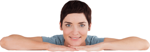 Cheerful Brunette Woman Resting On Arms with Transparent Background - Download Free Stock Videos Pikwizard.com