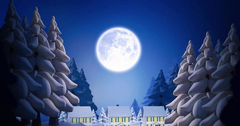 Santa Sleigh Over Christmas Village Under Full Moon - Download Free Stock Images Pikwizard.com