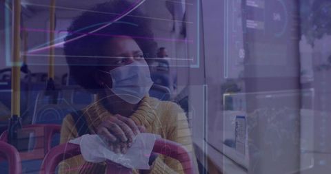 Woman on public bus with digital data overlay connected to future technology