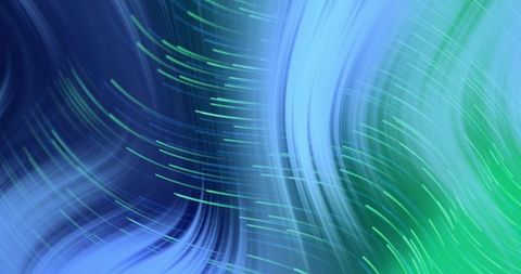 Swirling neon light ribbons curving across blue-green gradient background for tech design