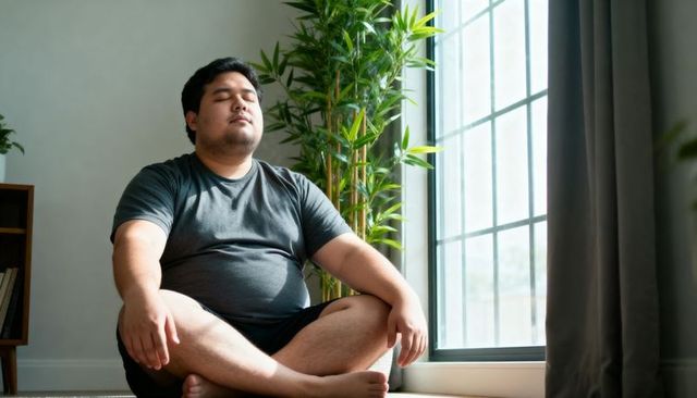Asian man meditating by window with bamboo plant, indoor mindfulness and calm wellness