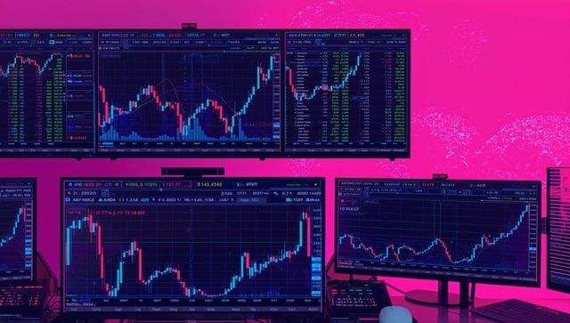 Advanced trading setup with multiple monitors and stock graphs