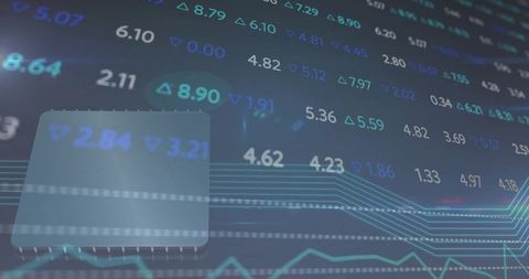 Glowing microchip overlaid on financial market dashboard with circuit traces and tickers