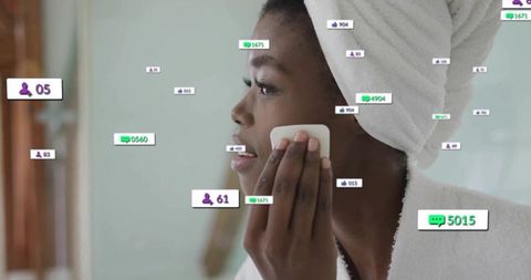 Woman practicing skincare with digital engagement overlays