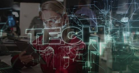 Futuristic Tech Professional Reviewing Digital Insights in High-Tech Office