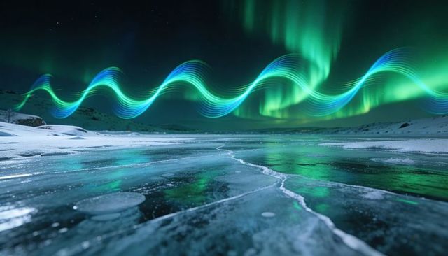 Cracked ice reflecting aurora borealis with turquoise light ribbon over arctic coastline
