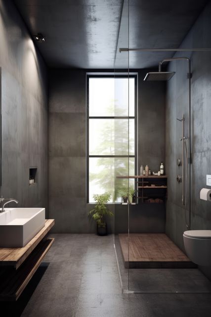 Modern industrial bathroom features a sleek walk-in shower with a large window by it, bringing in natural light. Styled with dark tones and wooden accents, the space has a minimalistic and contemporary feel. Perfect for articles or advertisements on interior design, home renovations, or modern bathroom decor ideas.