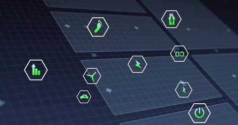 Futuristic Dashboard with Eco Iconograms on Digital Grid Interface
