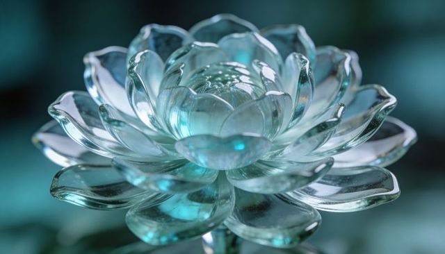 Teal Glass Lotus Sculpture Close-Up on Reflective Surface with Soft Bokeh Lighting