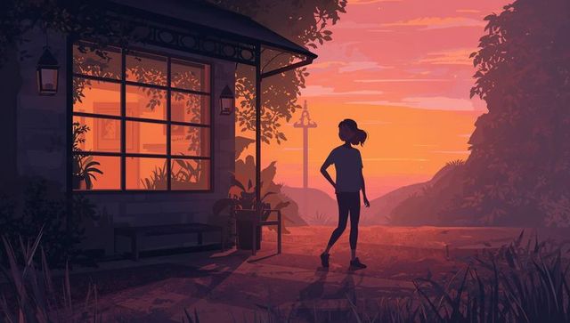 Teen silhouette standing on patio facing sunset with glowing window and lantern at dusk